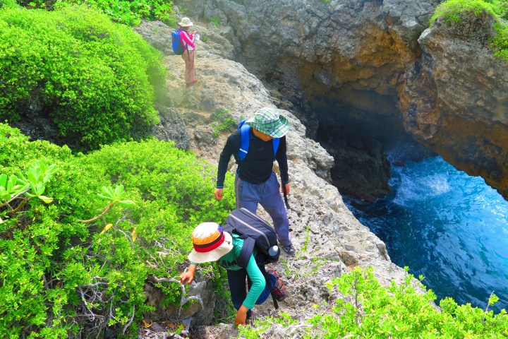 Hikers exploring rocky terrain with lush greenery and ocean cave.