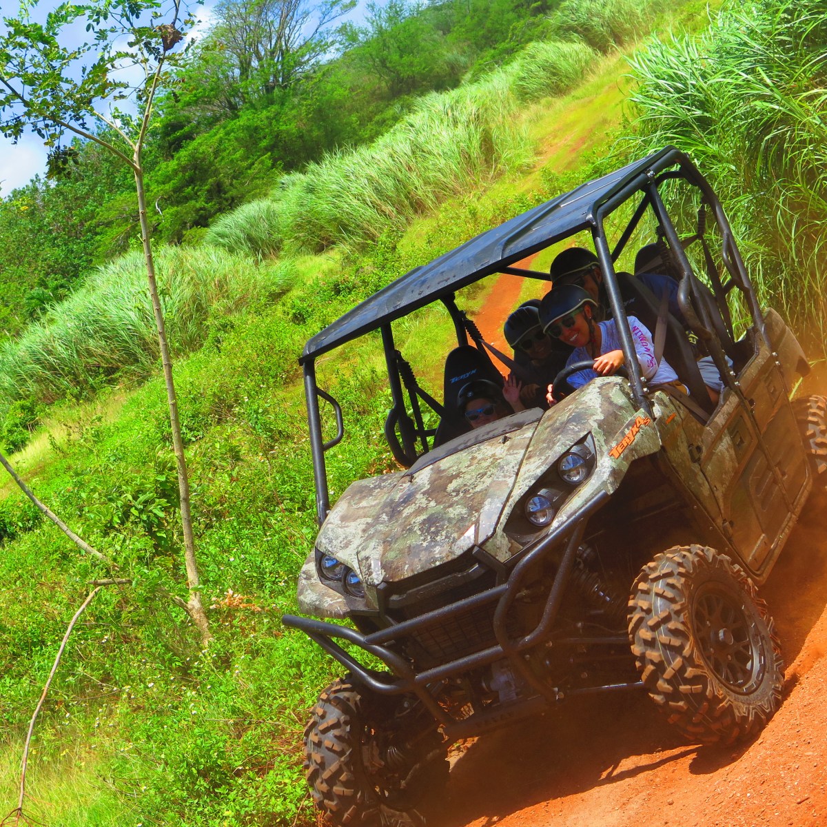 All-terrain vehicle driving on a dirt path in a lush, green landscape.