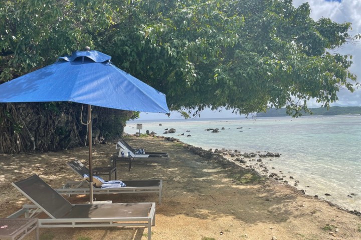 an umbrella sitting on top of a sandy beach