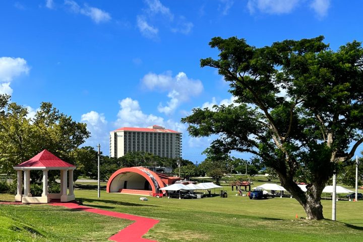 a couple of lawn chairs sitting on top of a lush green field